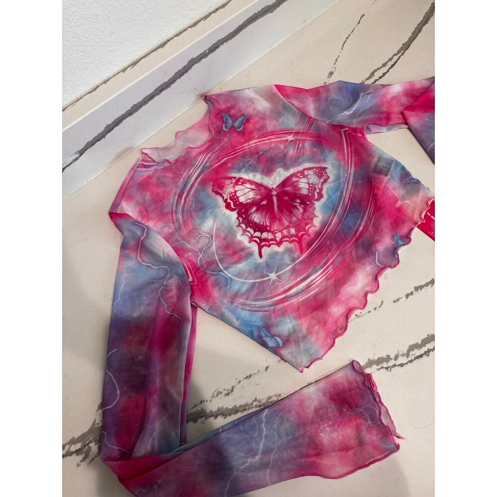 Shein NWT Mesh Long Sleeve Butterfly Print Top Pink Blue Y2K Aesthetic Medium